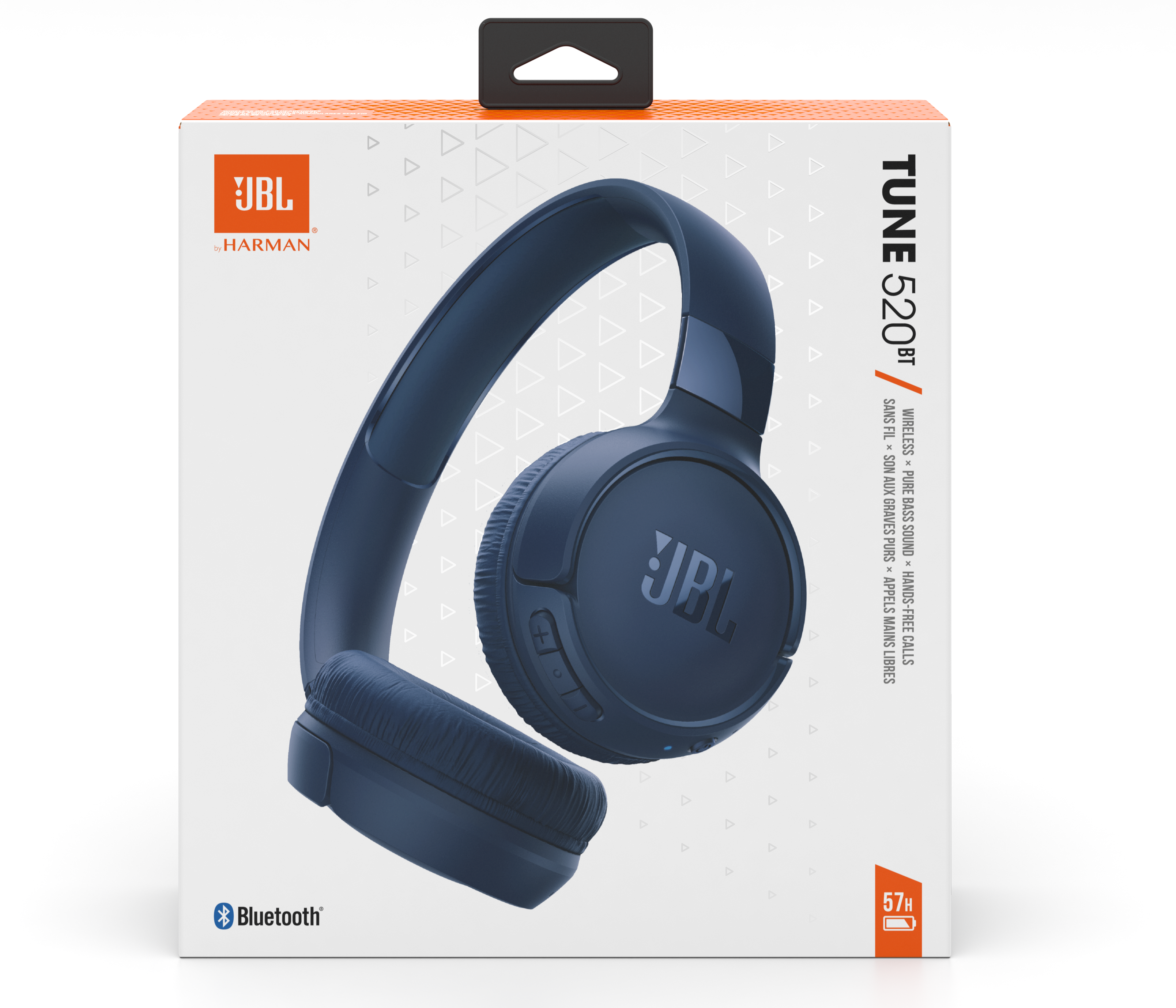 JBL Tune 520BT fejhallgató dobozban. A doboz fehér, kék díszítéssel.