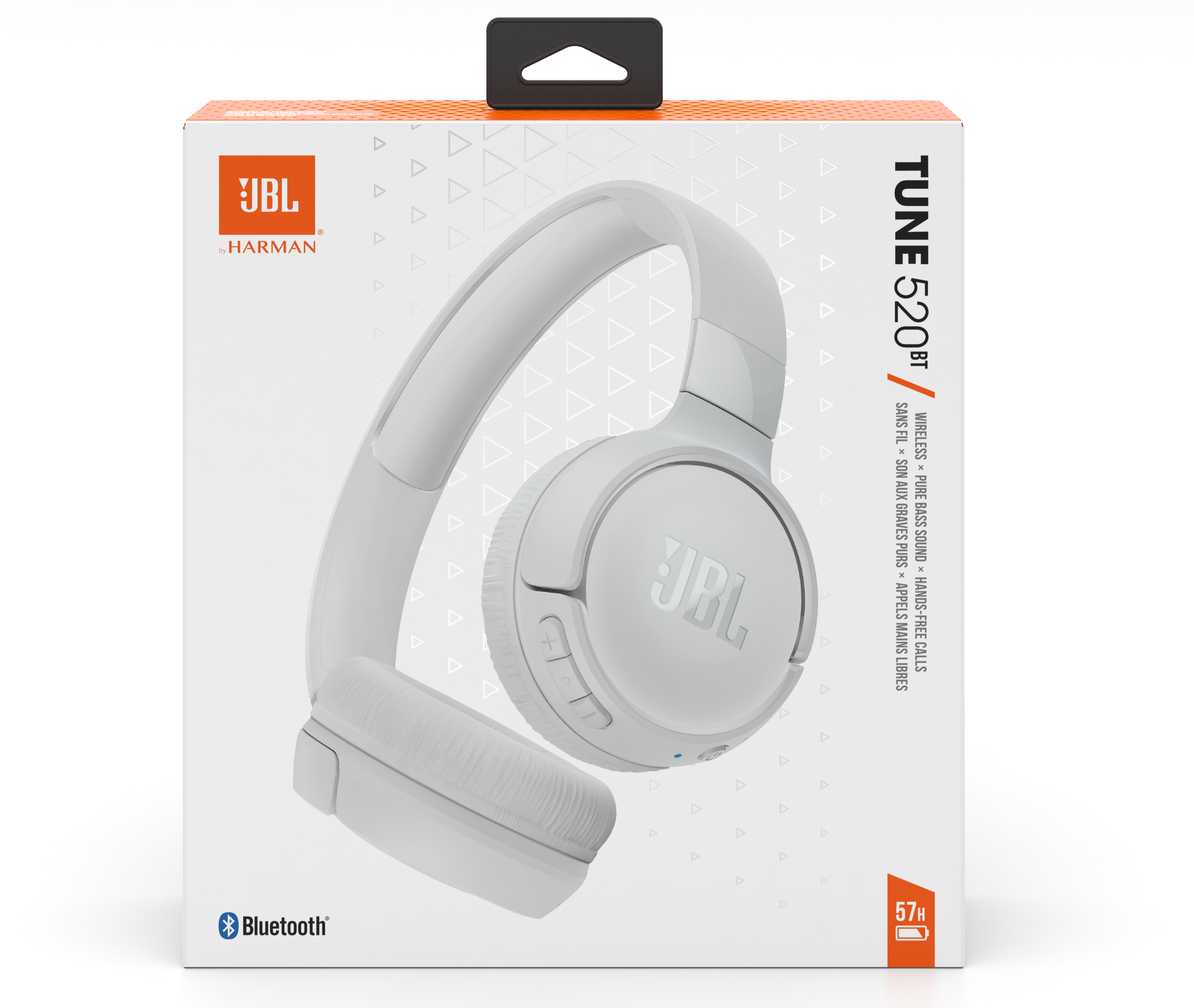 Fehér JBL Tune 520BT fejhallgató dobozban. A dobozon fehér és narancssárga részletek és a JBL logó látható.