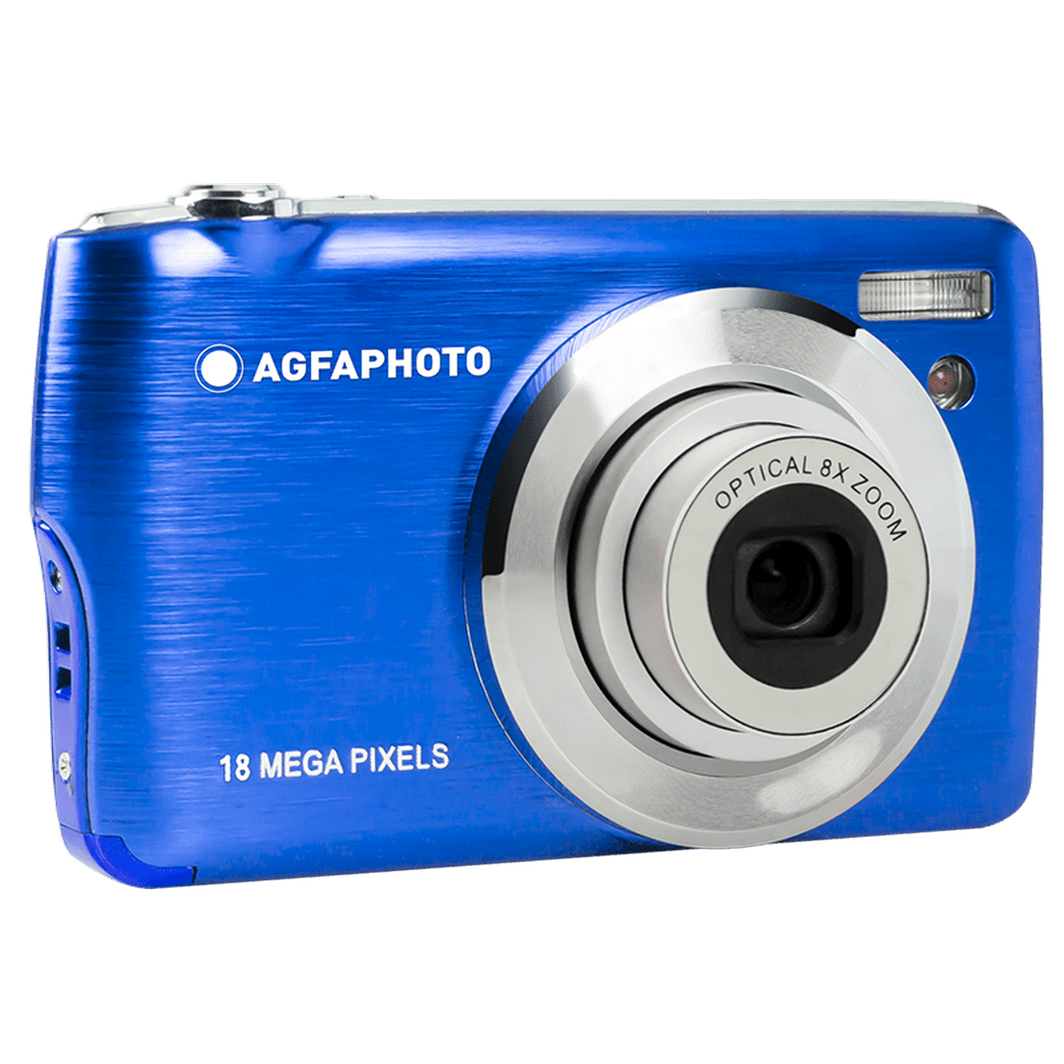 Blauwe AgfaPhoto camera met een zilveren lens en de merknaam.