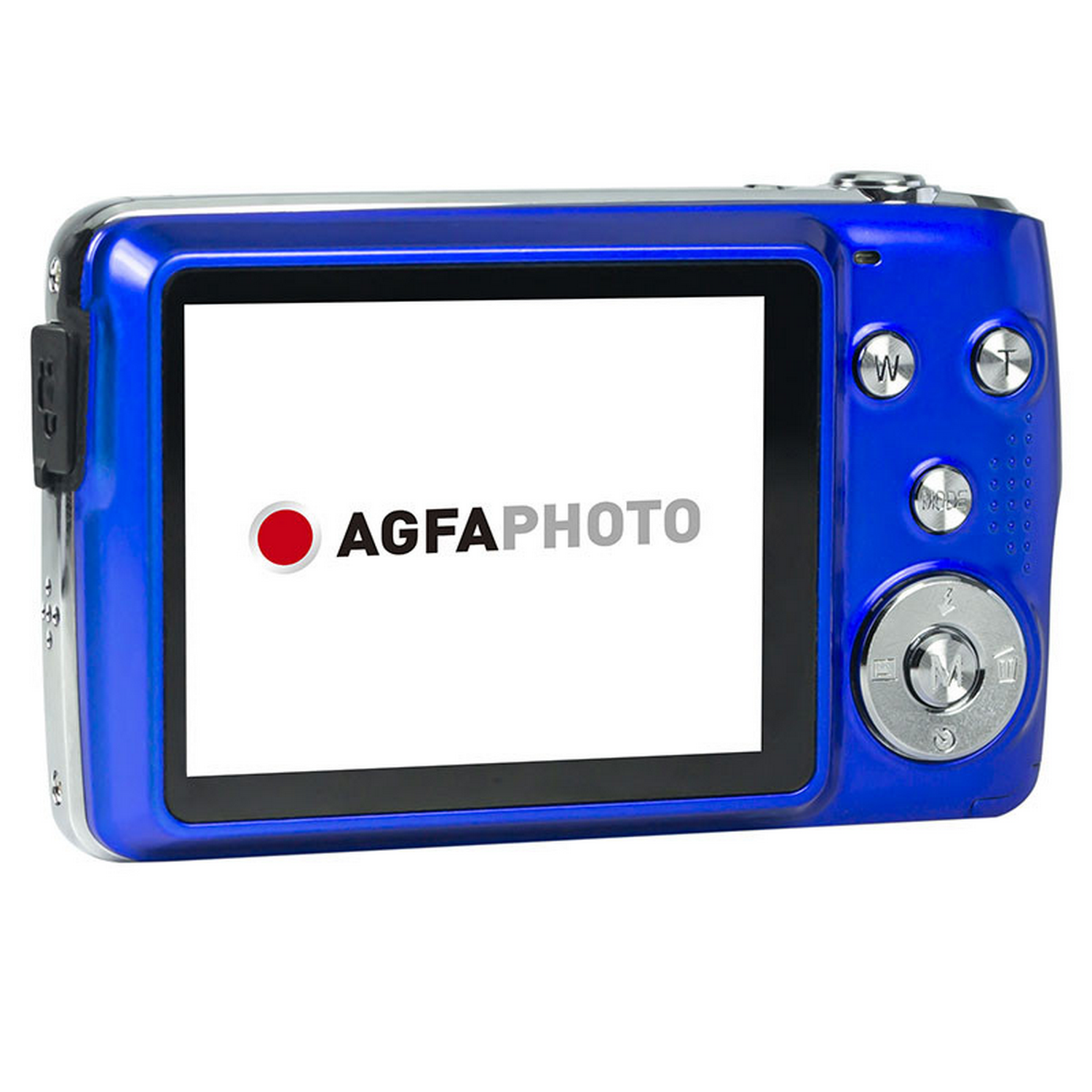 Een blauwe digitale camera met een scherm met het AGFA foto logo.