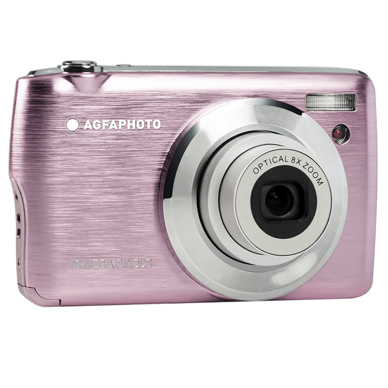 Appareil photo rose AgfaPhoto avec détails argentés. L'appareil photo a un objectif, un flash et le nom de la marque.