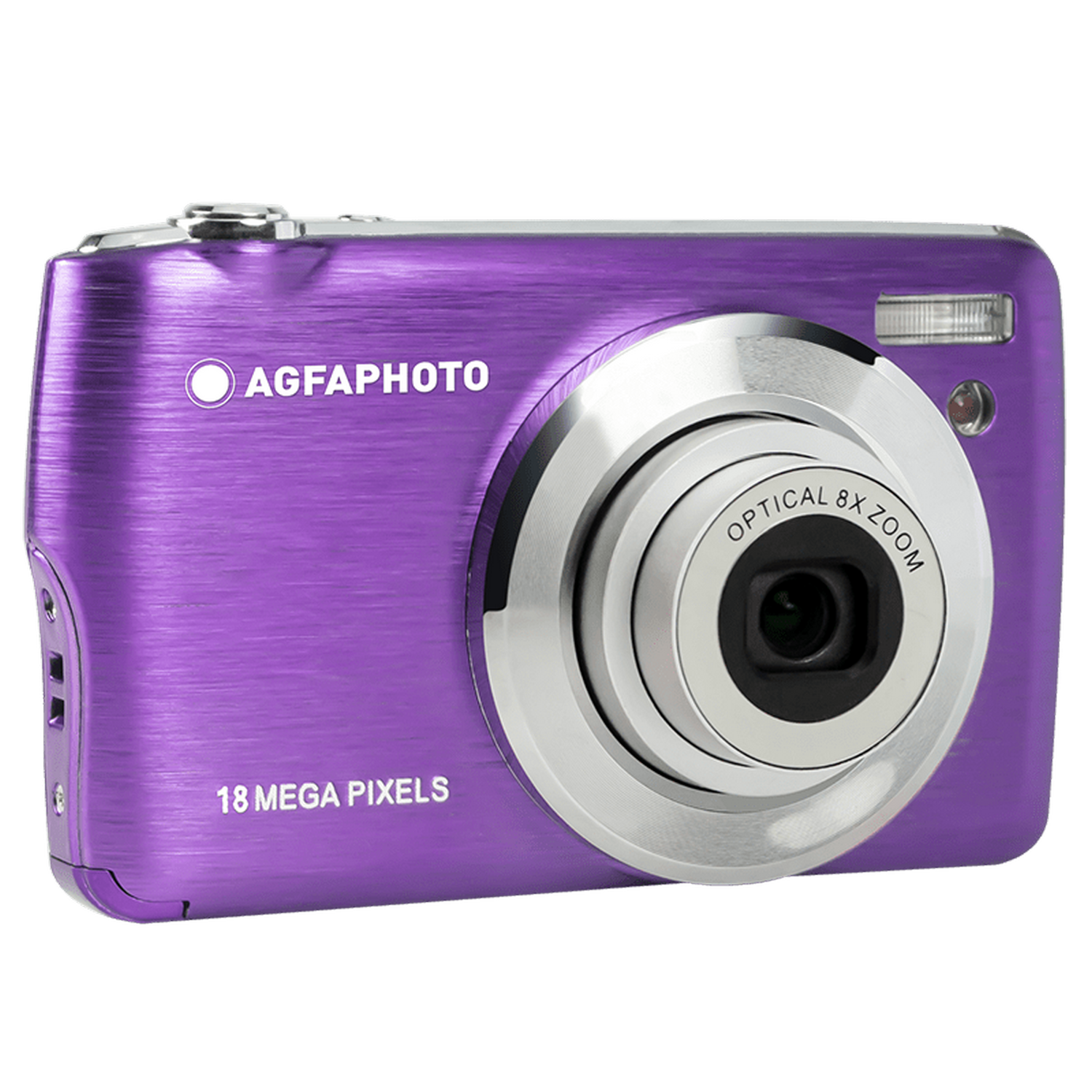 Appareil photo numérique violet avec des accents argentés, objectif et flash.