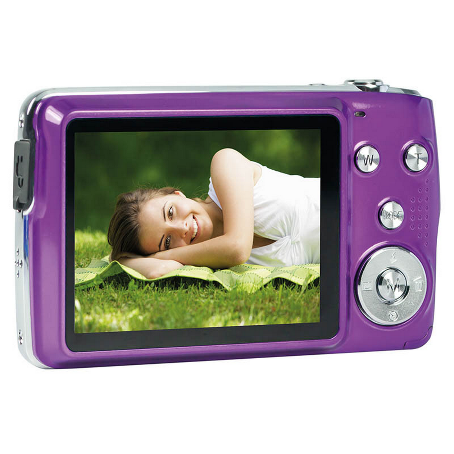 Un appareil photo numérique violet avec une femme souriant à l'appareil, allongée sur une couverture verte.