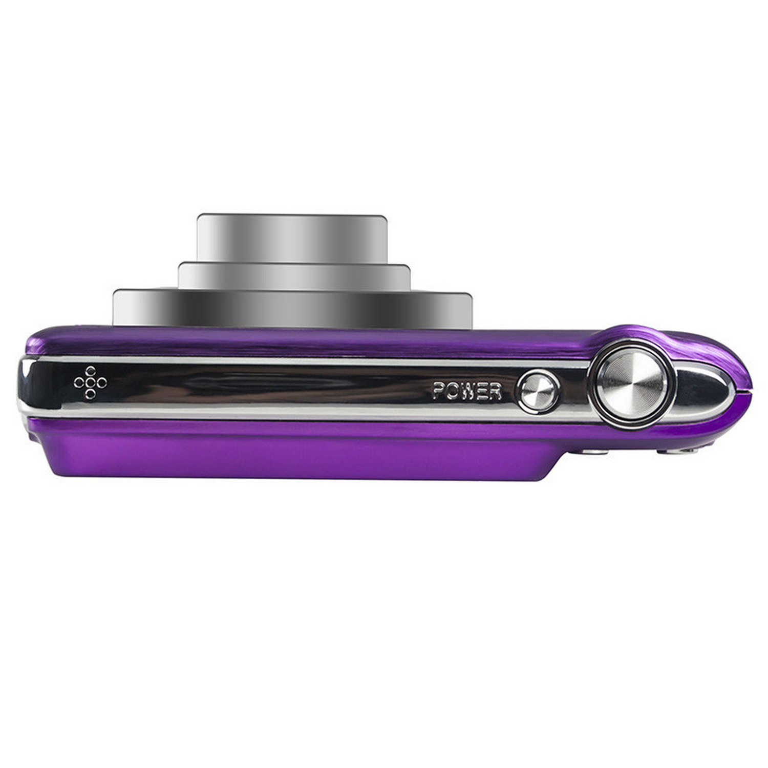 Appareil photo violet. Vue de dessus, objectif cylindrique. Anneau argenté autour de l'objectif. Bouton d'alimentation et autres commandes.