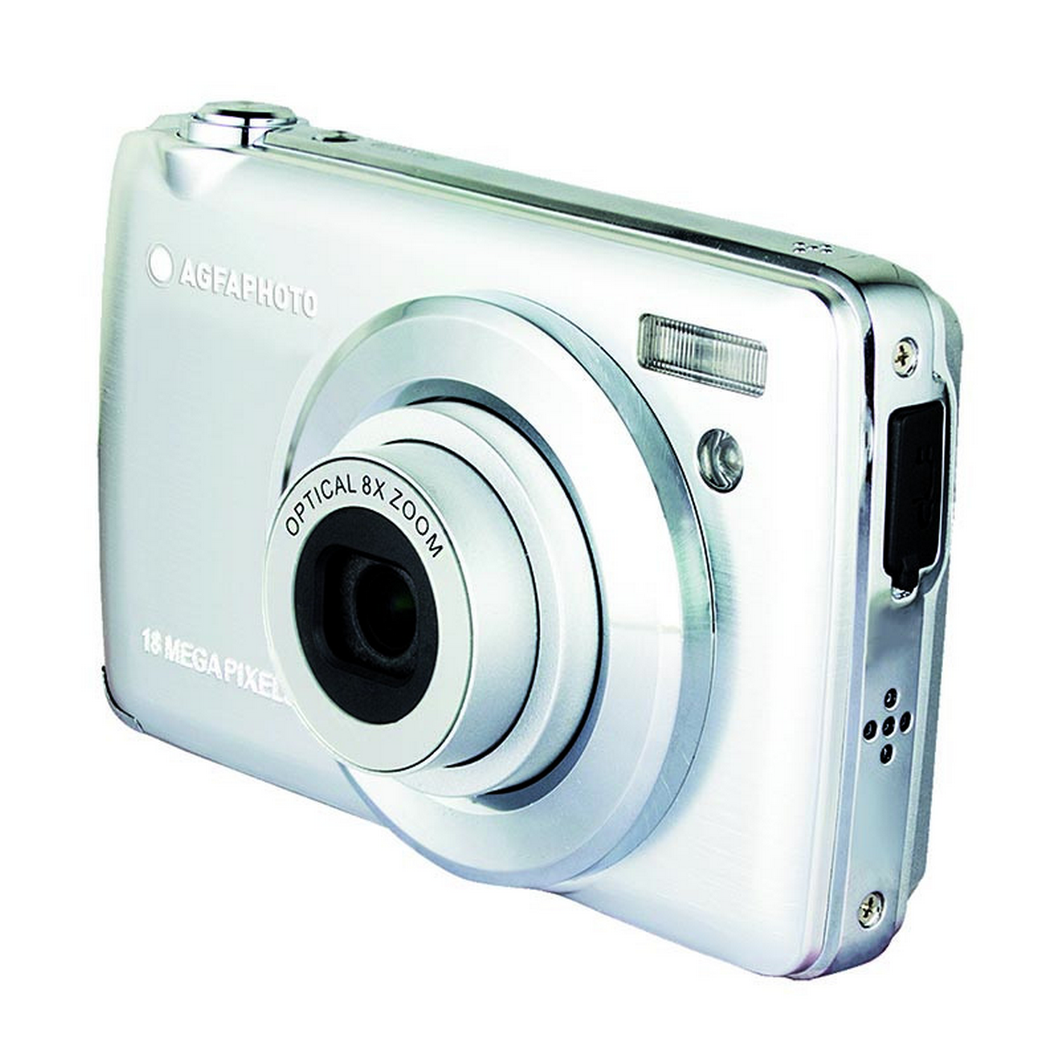 Un appareil photo numérique AgfaPhoto argenté. Il possède un objectif zoom optique 8x et un flash. Le fond est blanc.