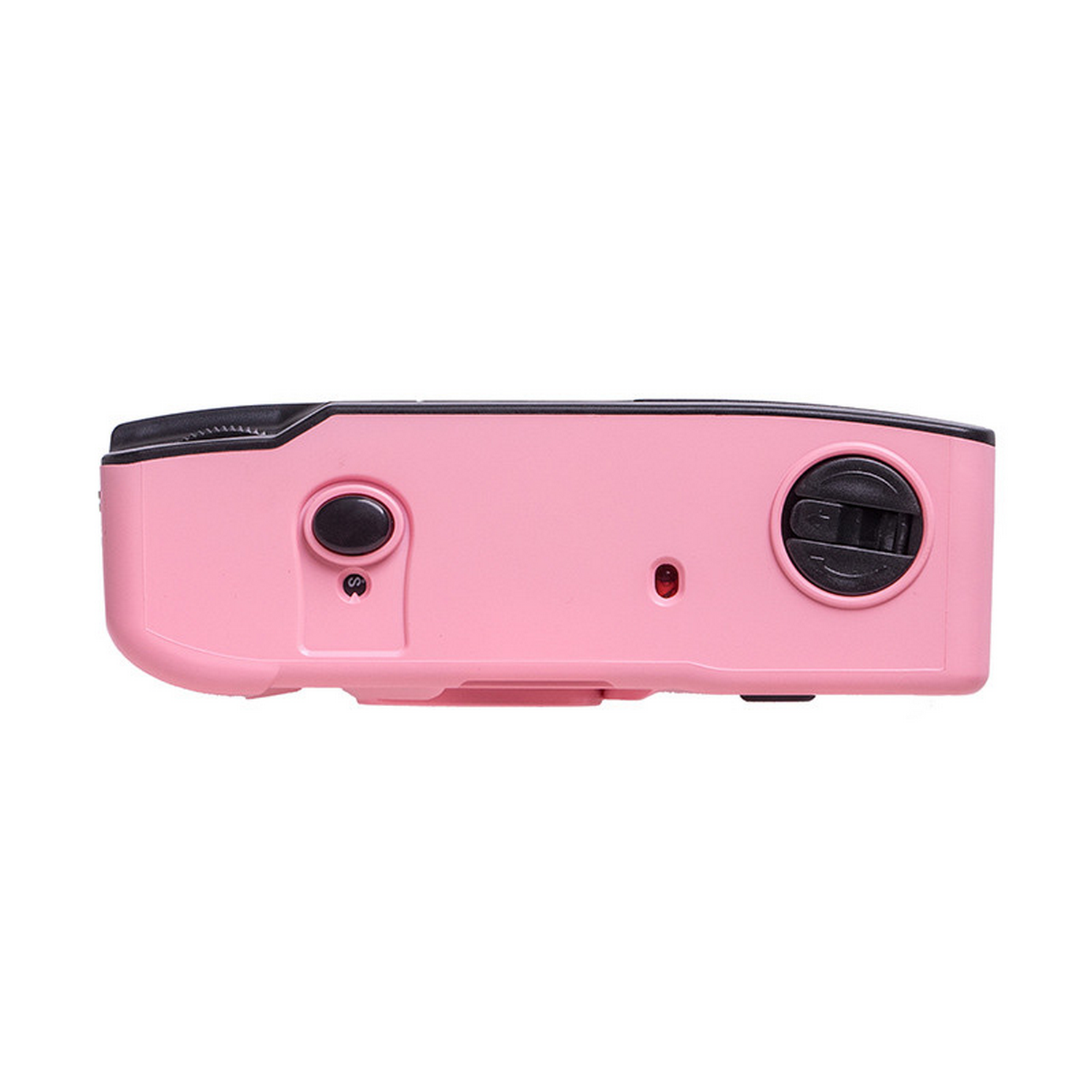 Pink film camera with buttons on top and a lens cap.