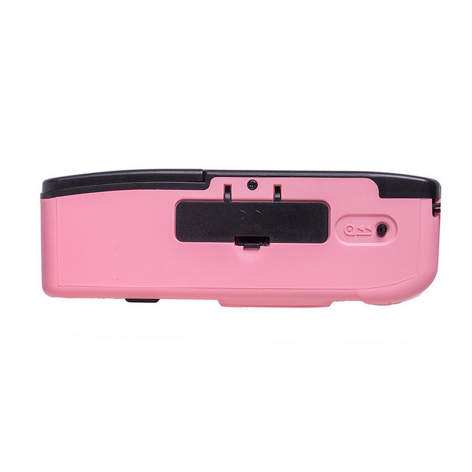 Pink camera, side view, with buttons and a small door.