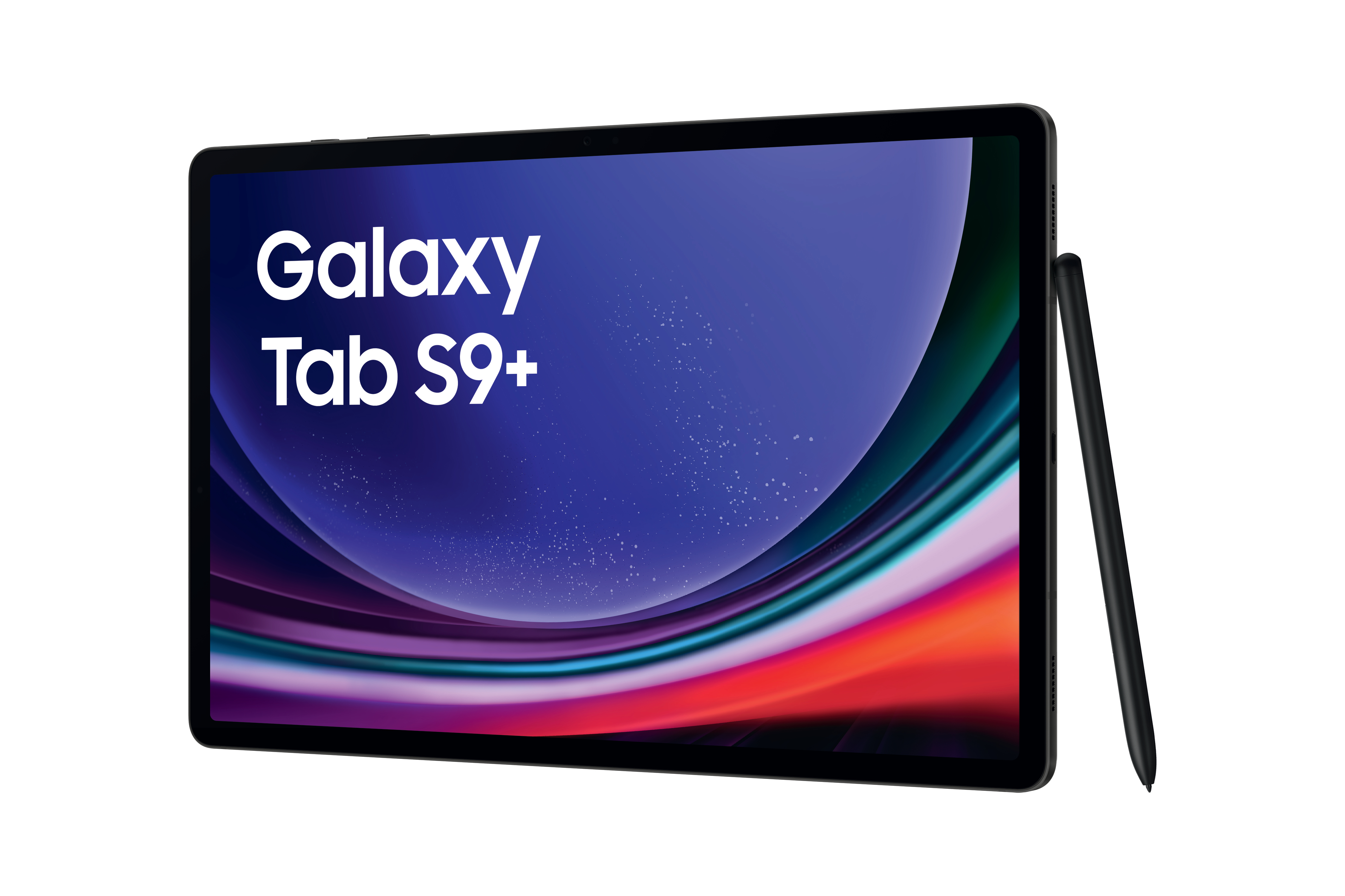 Samsung Galaxy Tab S9+ Tablet mit Stift. Der Bildschirm zeigt den Text Galaxy Tab S9+.