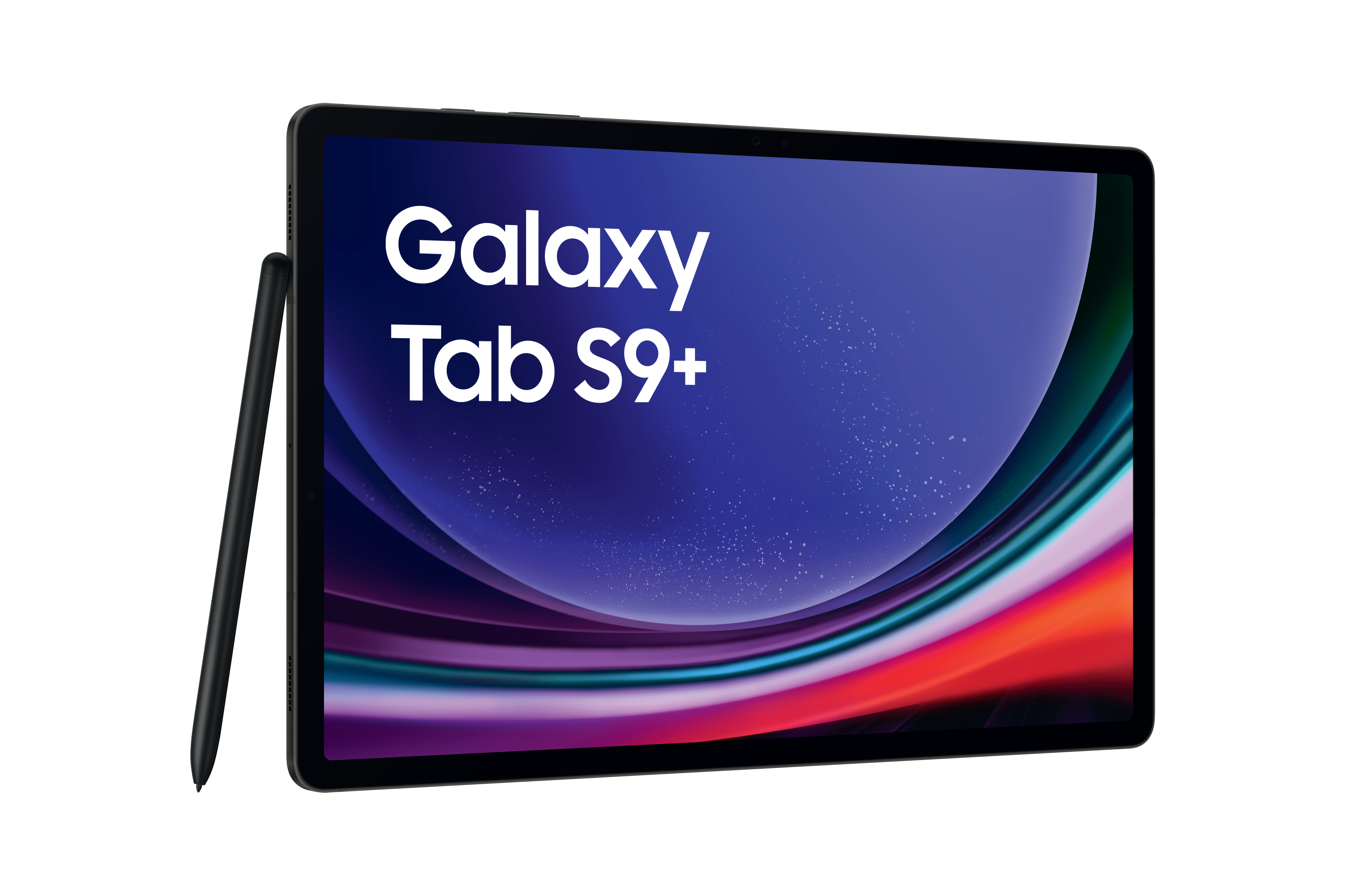 Samsung Galaxy Tab S9+ Tablet und Stift, auf einer weißen Oberfläche.