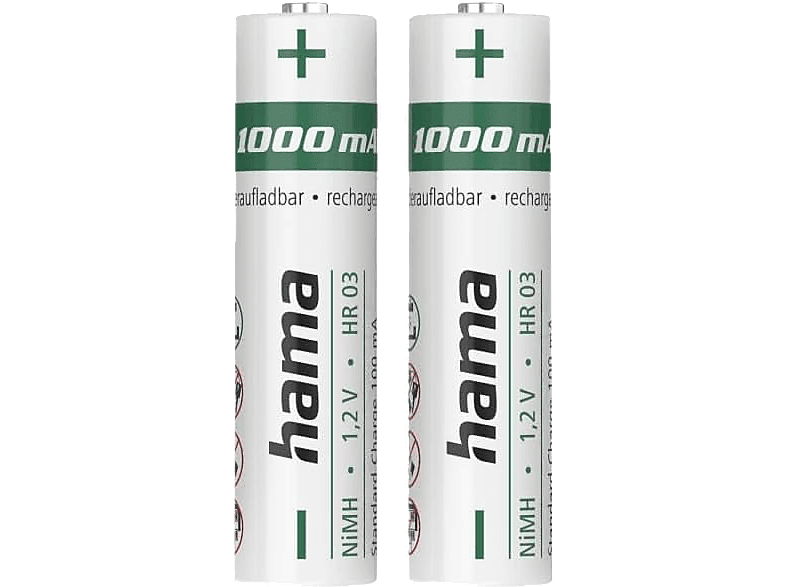 Pilas recargables - HAMA NiMH AAA, 2 Unidades, 1000 mAh, Carga rápida, Blanco