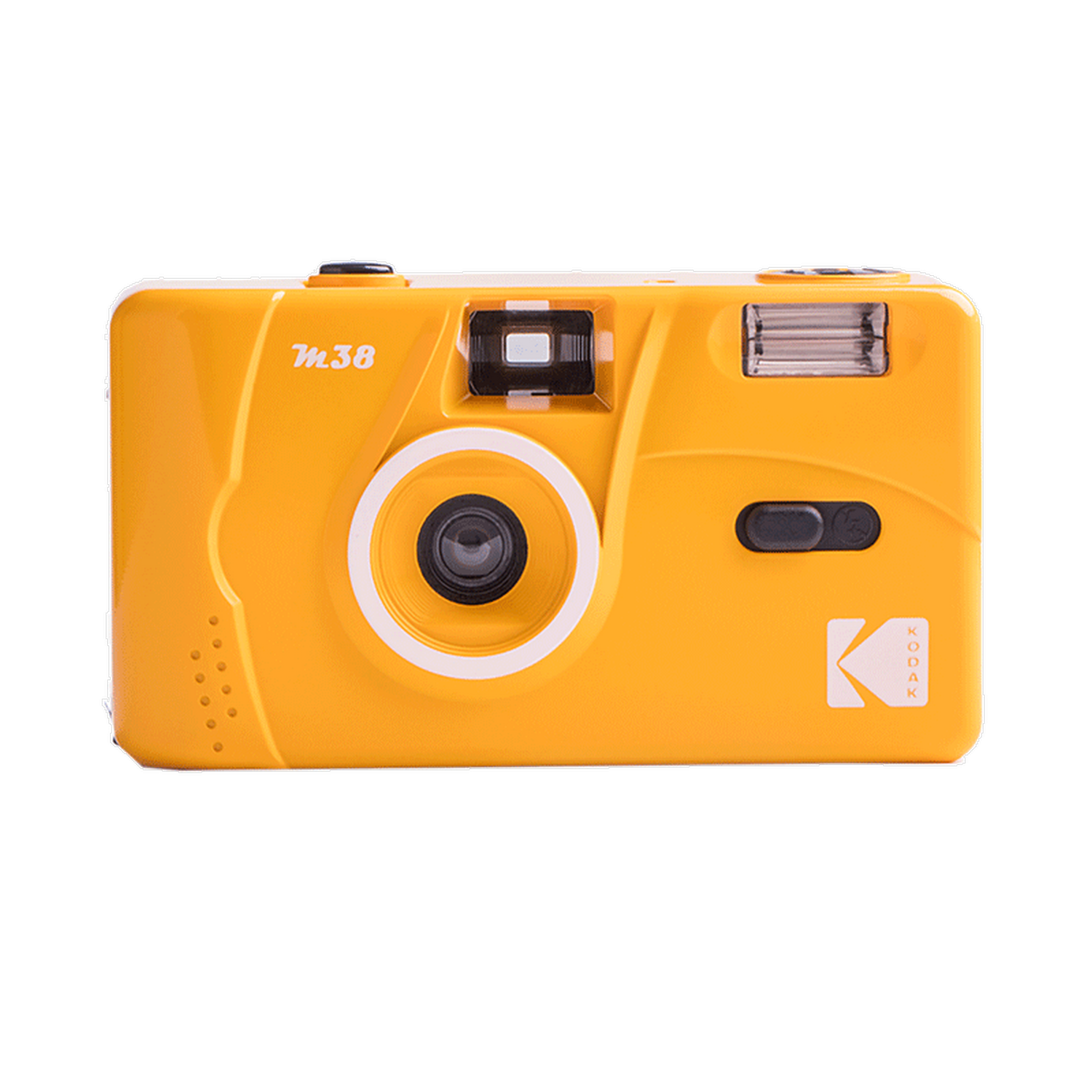 Een gele Kodak M38 camera. Een zwarte lens en het witte Kodak logo zijn zichtbaar aan de voorkant.