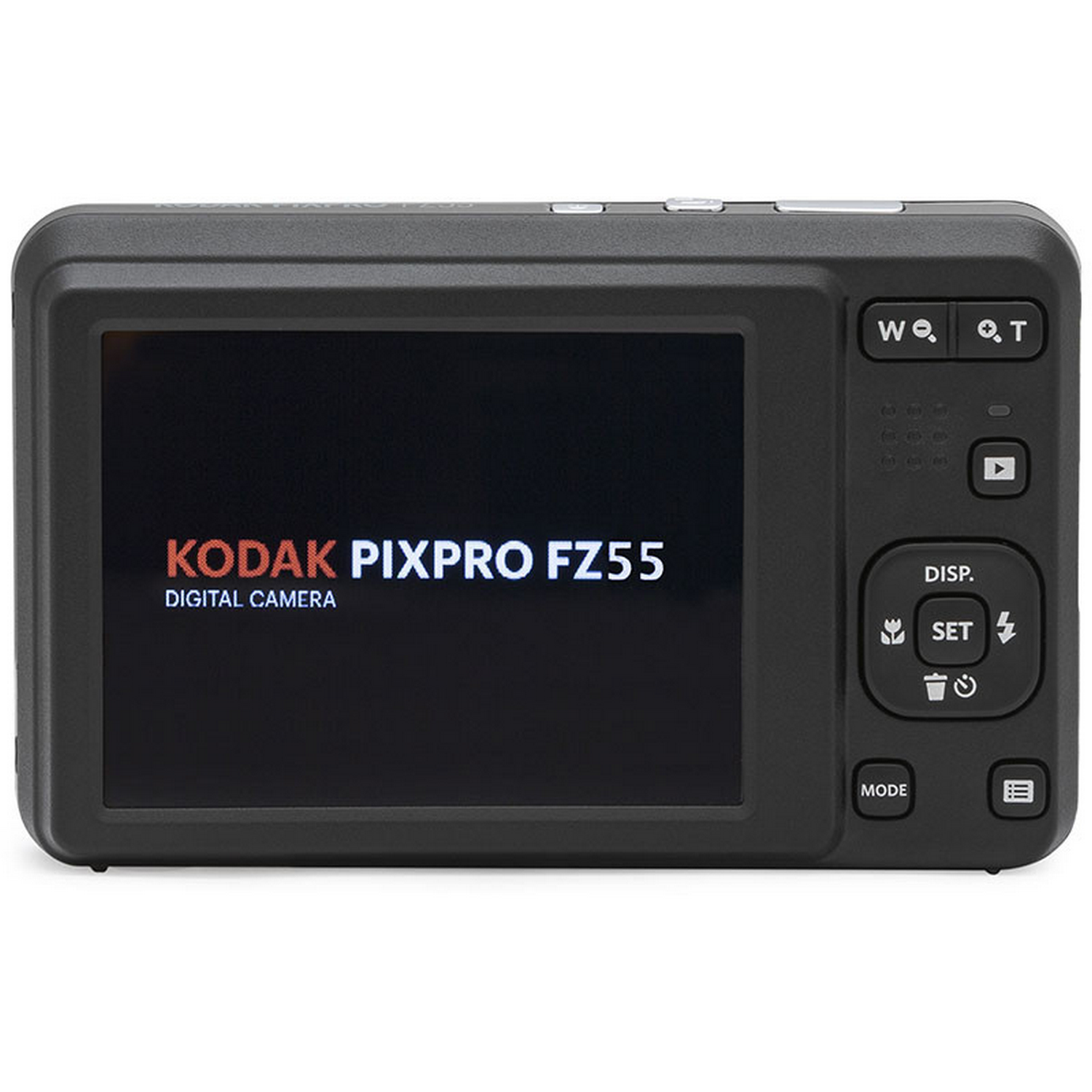 Black Kodak Pixpro FZ55 digital camera. It has a screen and buttons on the right side.