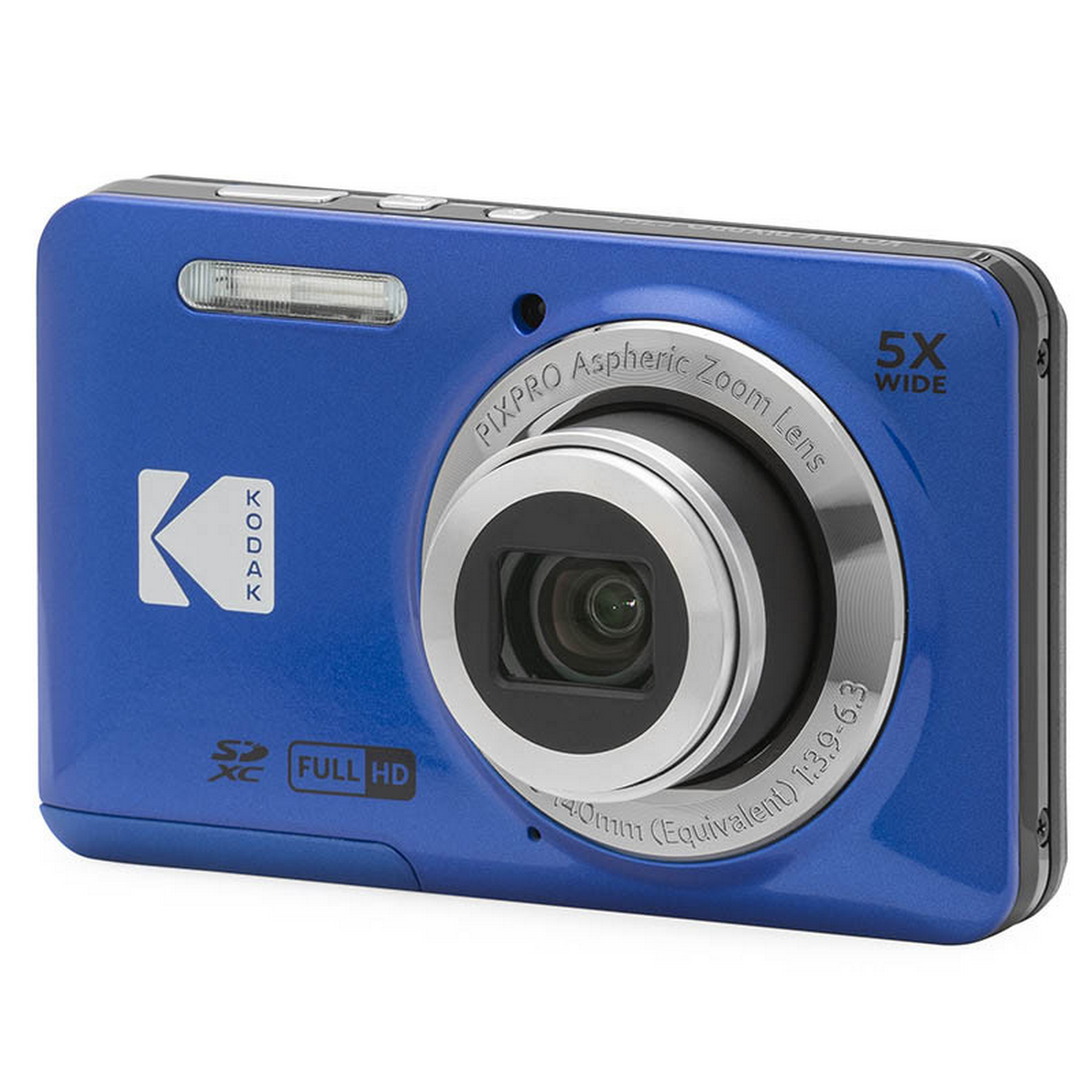 A blue Kodak digital camera. It has a 5x wide zoom lens and a flash. The background is white.