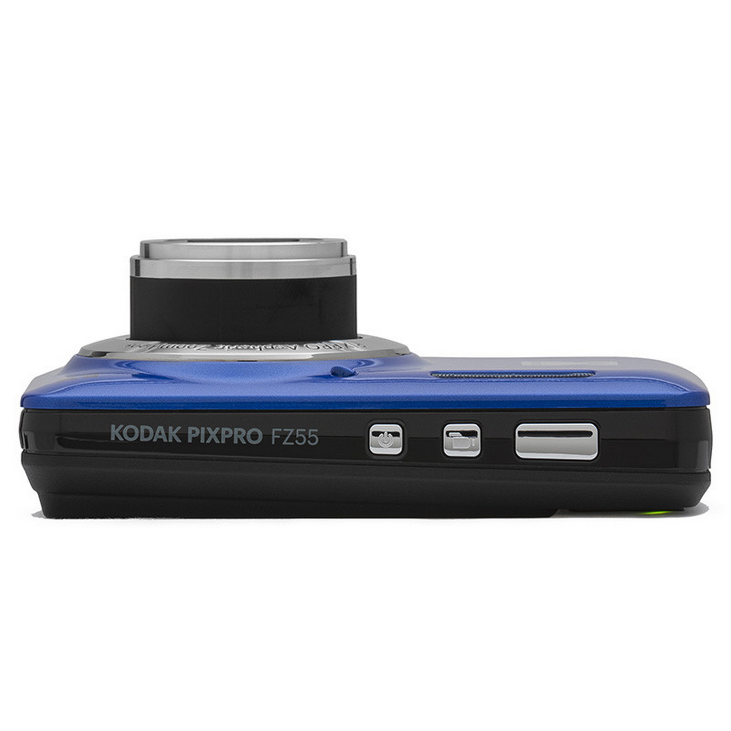 Blue and black Kodak Pixpro FZ55 camera, side view.