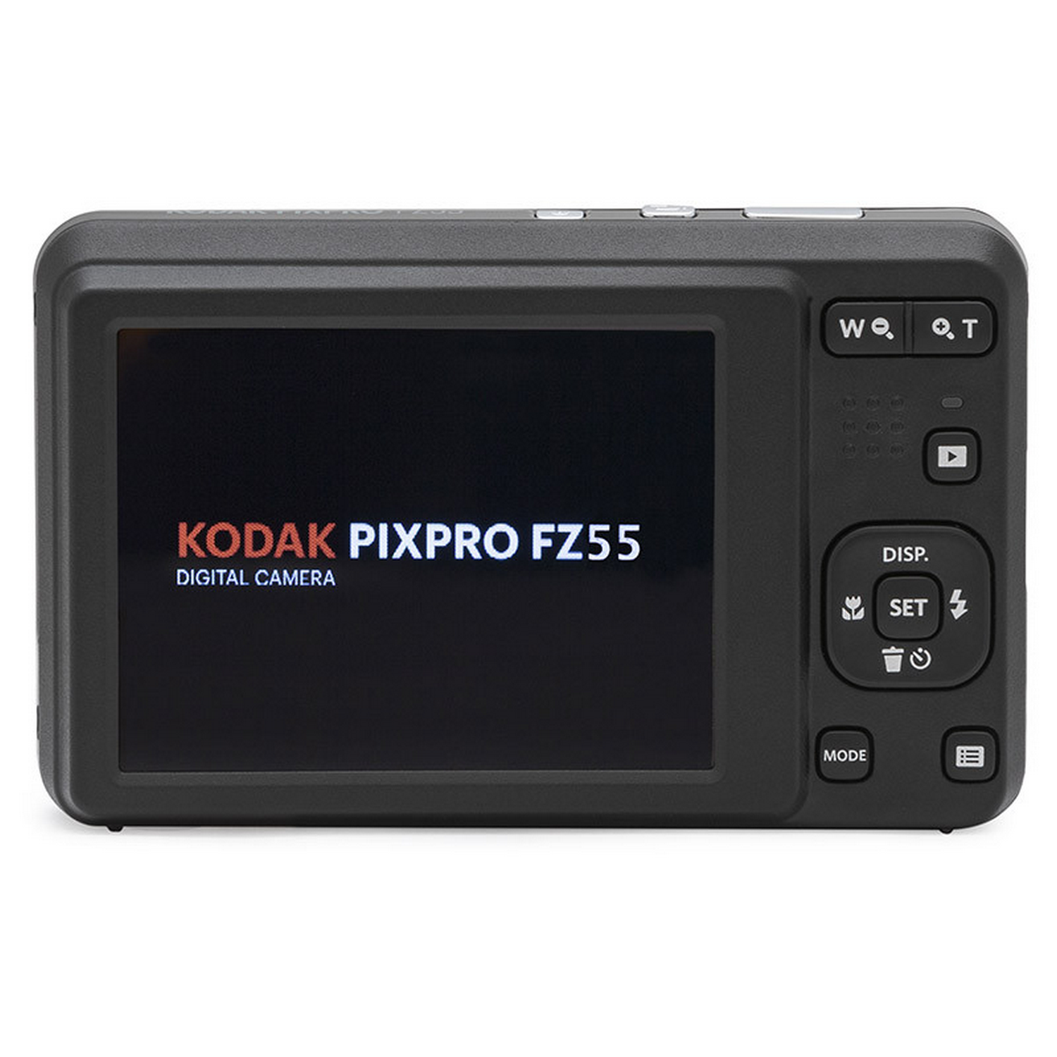 The back of a black Kodak Pixpro FZ55 digital camera. It has a screen and several buttons.