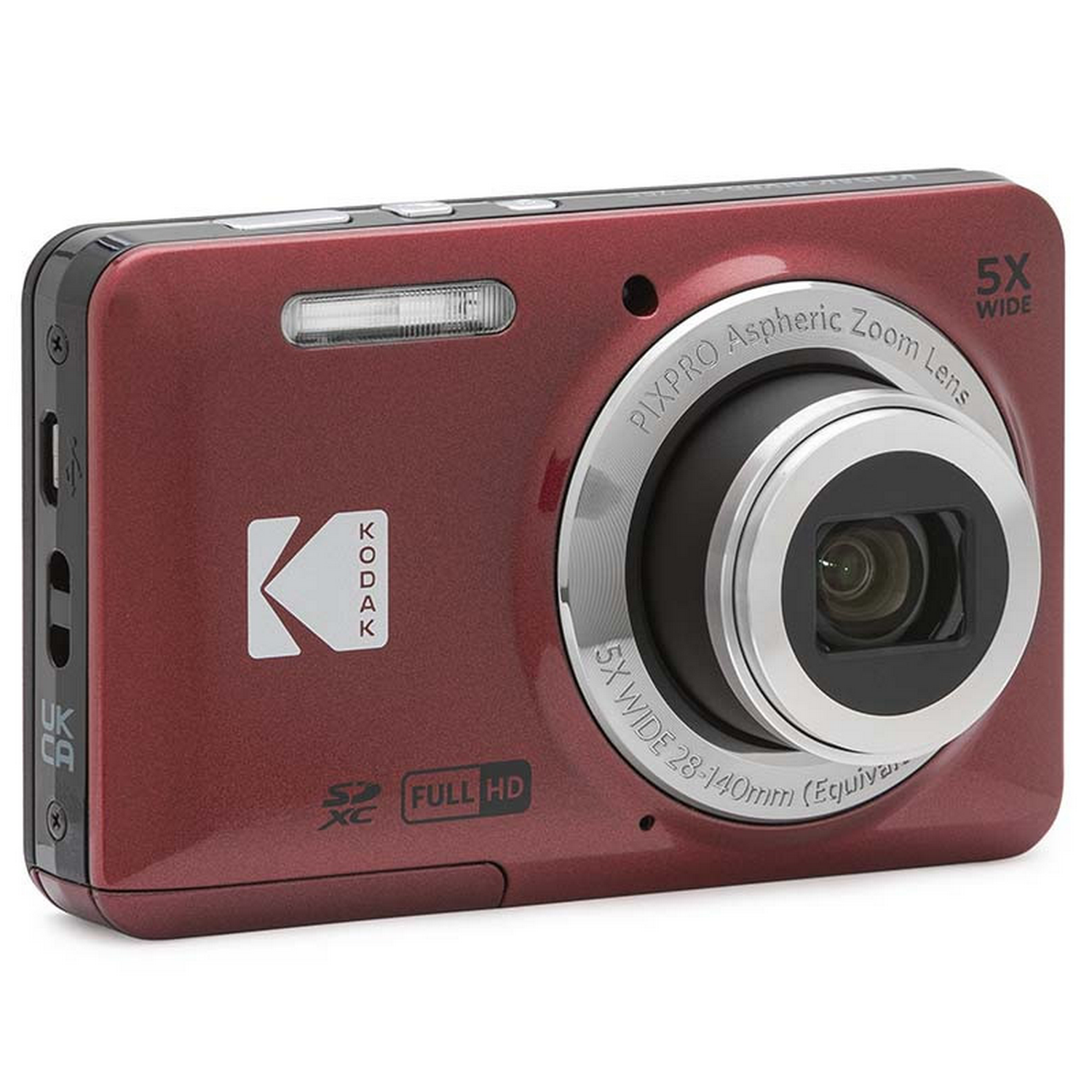 Red Kodak camera with a silver lens and zoom lens features.