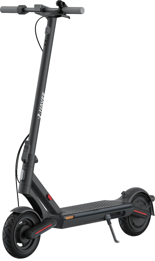 Zwarte elektrische scooter met rode accenten, staat op een standaard.