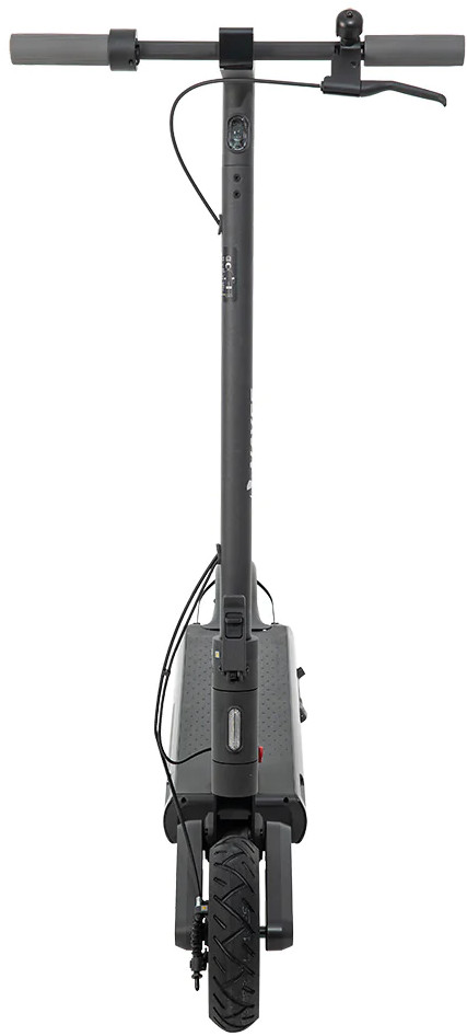 Grijze elektrische scooter, van bovenaf gezien. Hij heeft een stuur, een dek en een band.