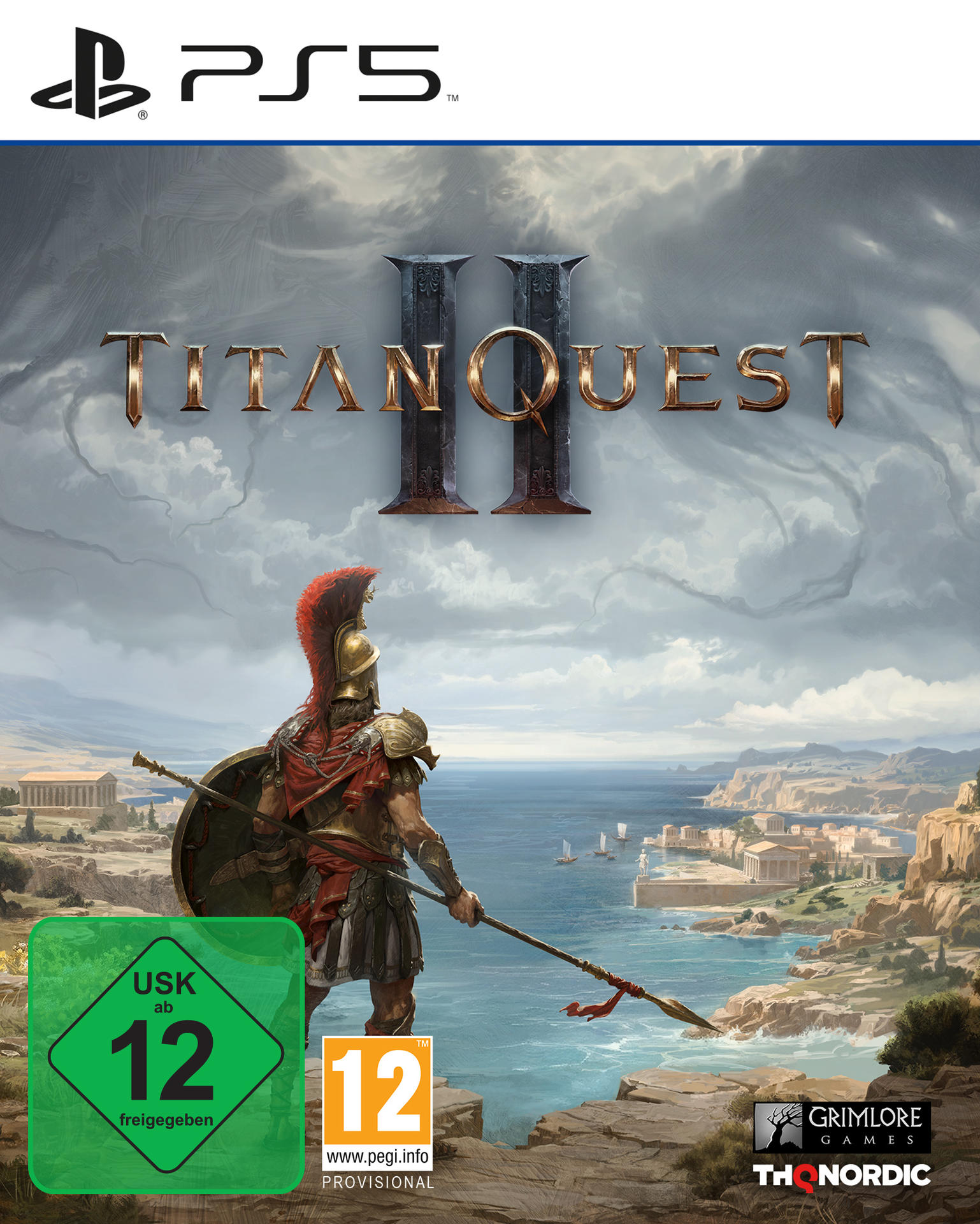 Titan Quest II PS5-Spielbox. Ein Krieger mit einem Speer auf dem Cover.