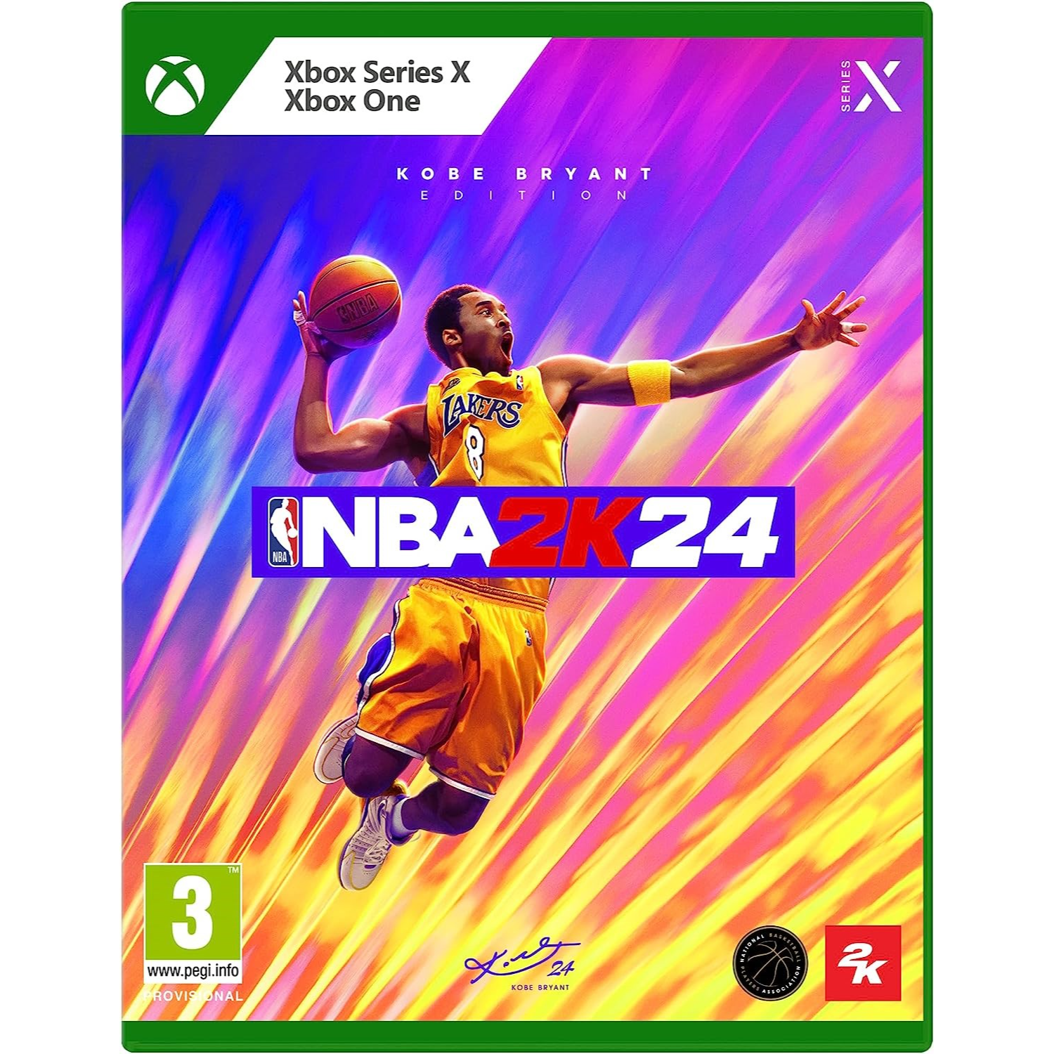 NBA 2K24 gamebox. Kobe Bryant op de cover, Lakers-shirt, gooit een bal.