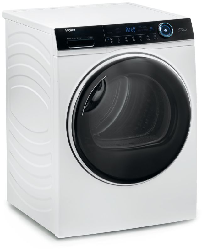 Ein weißer Haier Wäschetrockner mit schwarzer Tür und digitalem Bedienfeld.