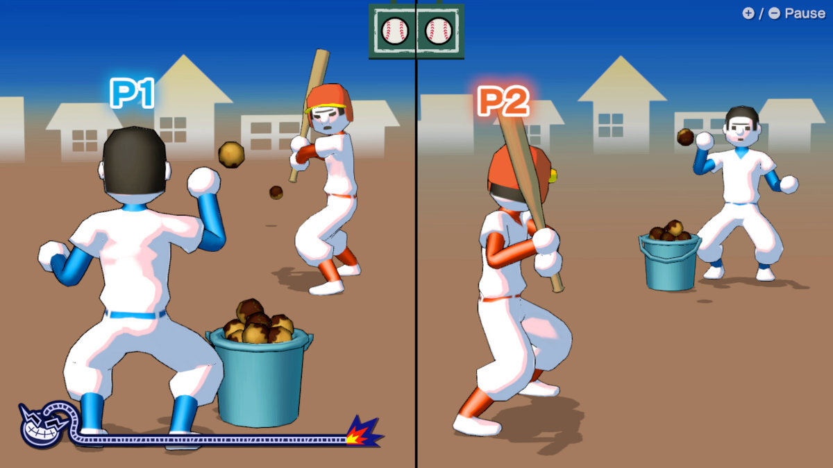 Scena z gry w baseball z postaciami z kreskówek, dwie drużyny, niebieska i czerwona, na boisku do baseballa.