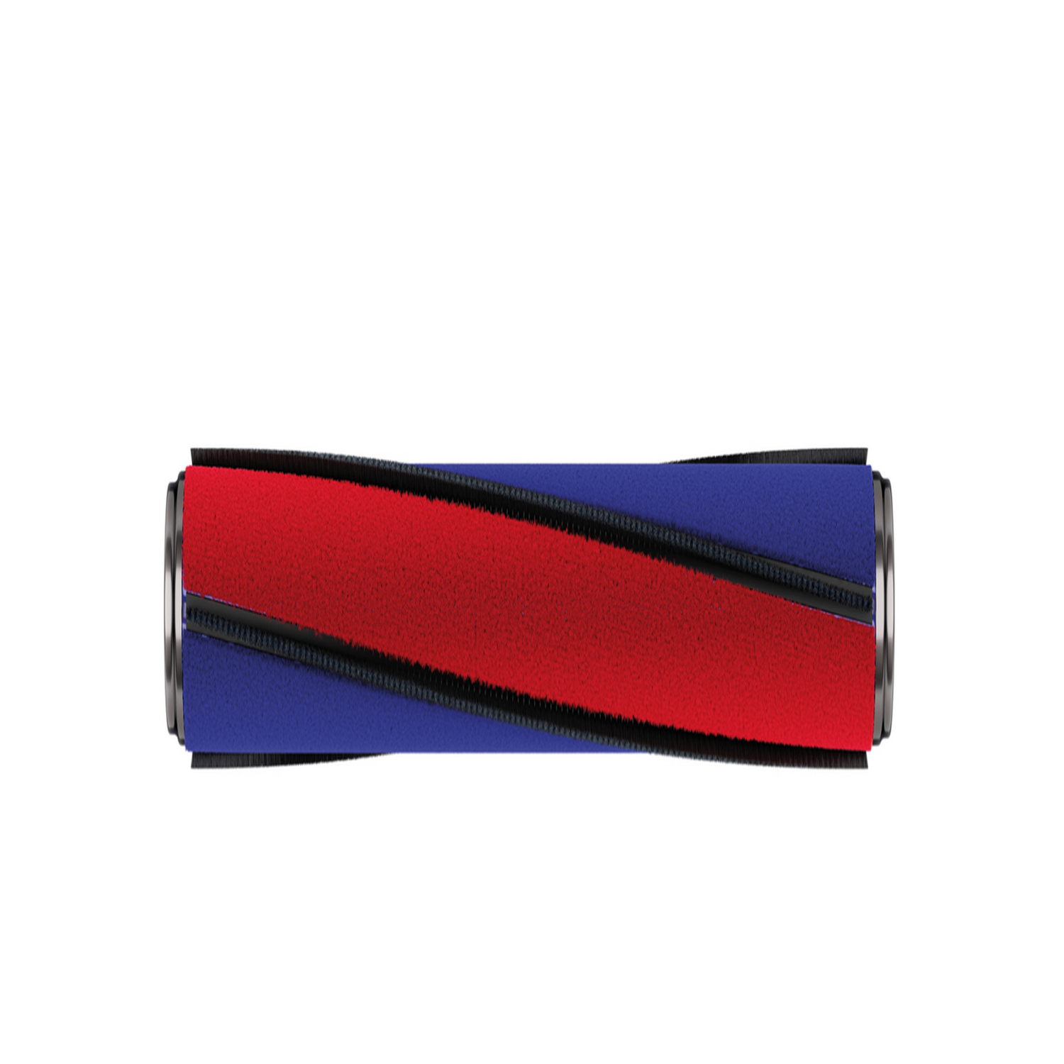 Vacuum cleaner roller brush, red and blue bristles, horizontal view, on white background.