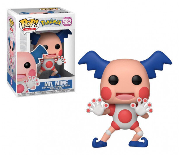 Figurka Mr. Mime z niebieskimi włosami, czerwono-białym strojem, wystawiona z pudełkiem.