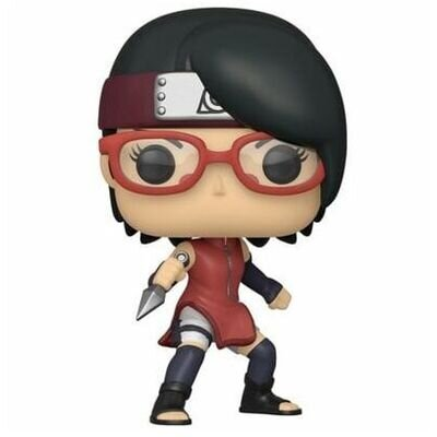 Figurka Funko Pop dziewczyny z czarnymi włosami, czerwonymi okularami, opaską na głowie i czerwonym strojem, trzymającej kunai.