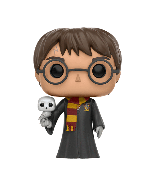 Figurka Funko Pop Harry'ego Pottera trzymająca Hedwigę, białe tło.