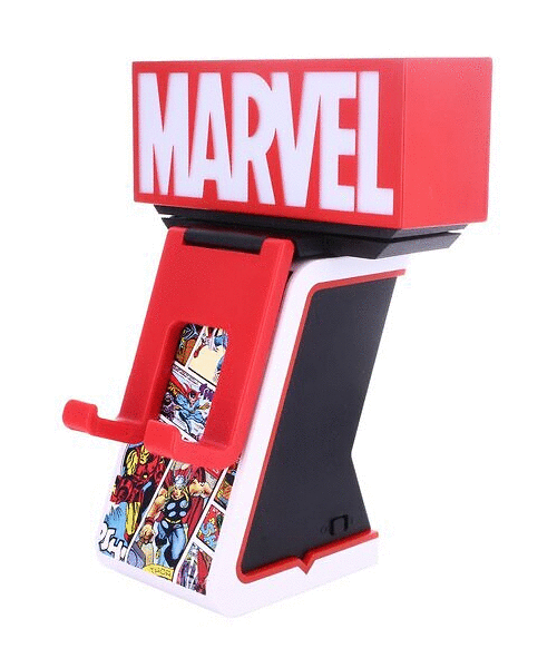 Stojak na telefon Marvel z czerwono-białym designem i logo Marvel na górze.