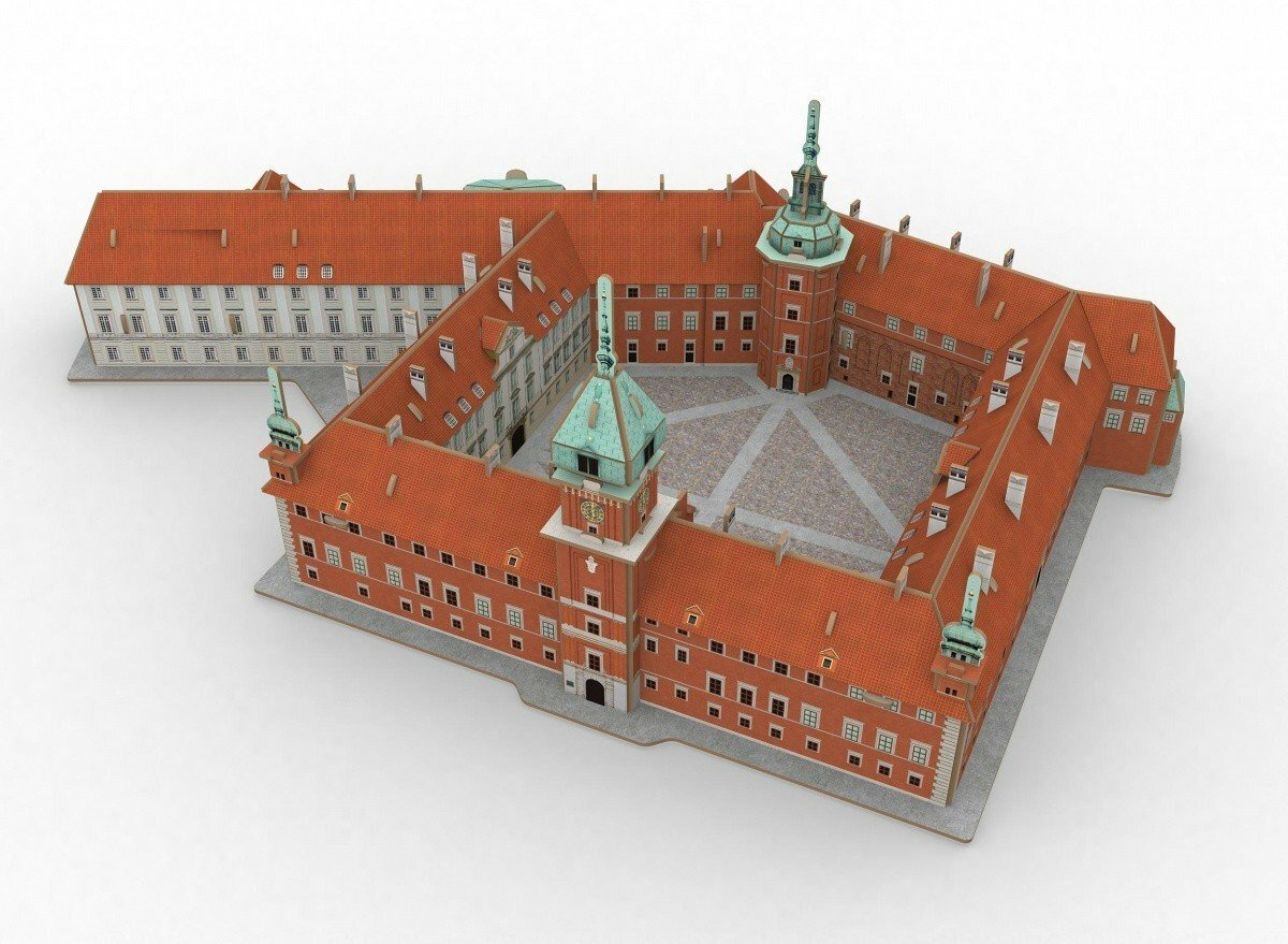 Szczegółowy model architektoniczny zamku z czerwonymi dachami i zielonymi wieżami.