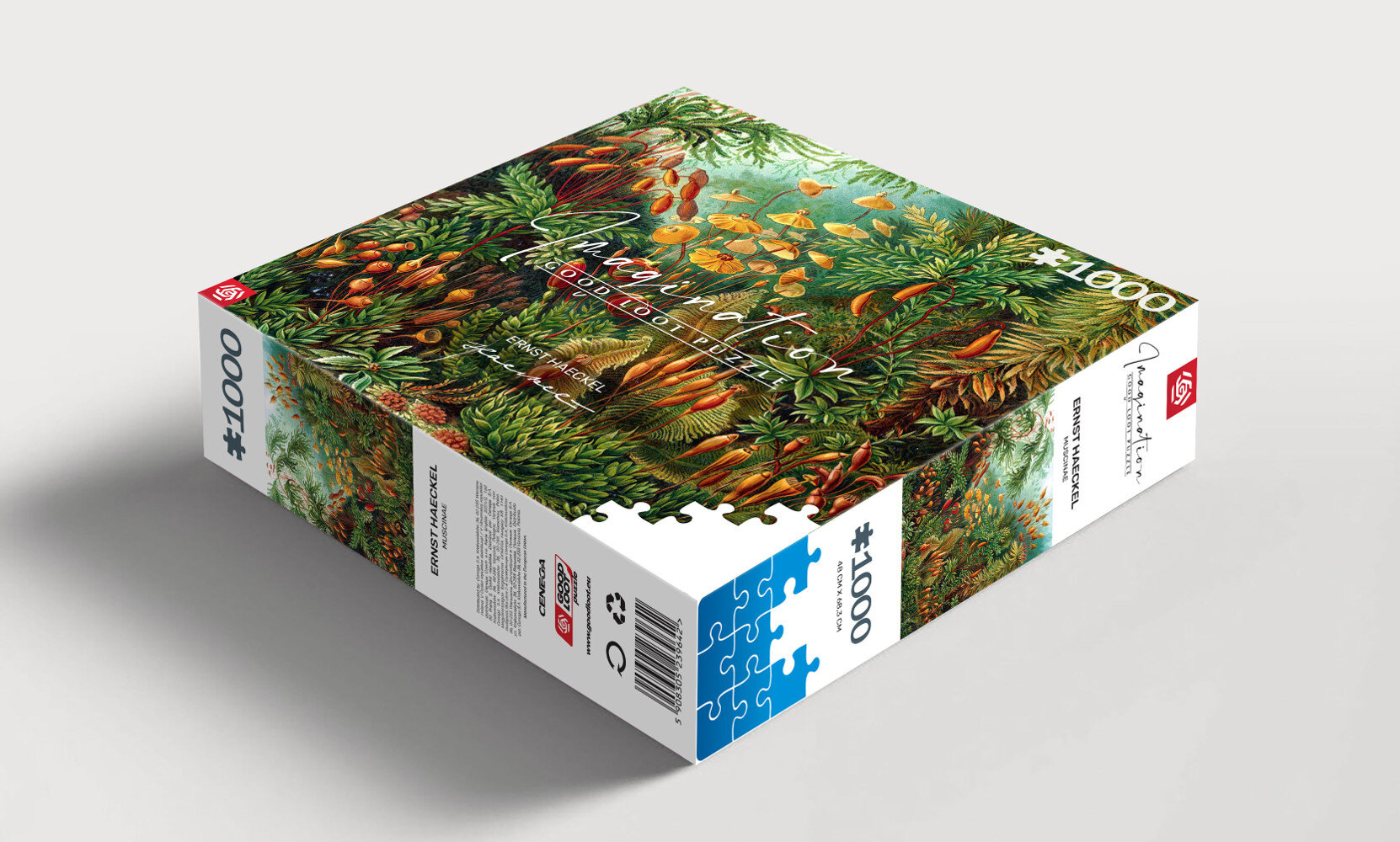 Pudełko z puzzlami ze zdjęciem kolorowej sceny roślinnej.