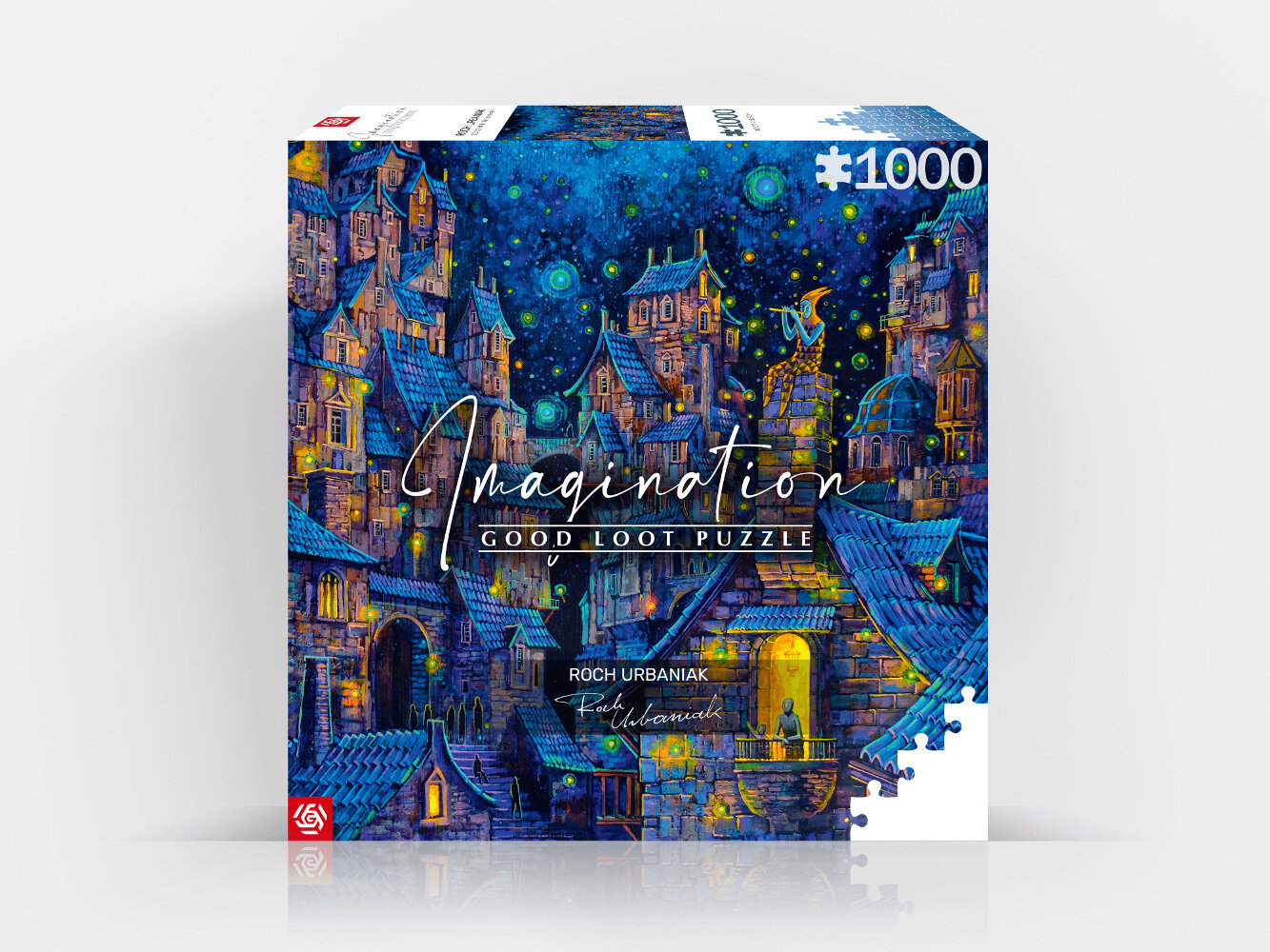 Pudełko z puzzlami z kolorową ilustracją krajobrazu miejskiego.