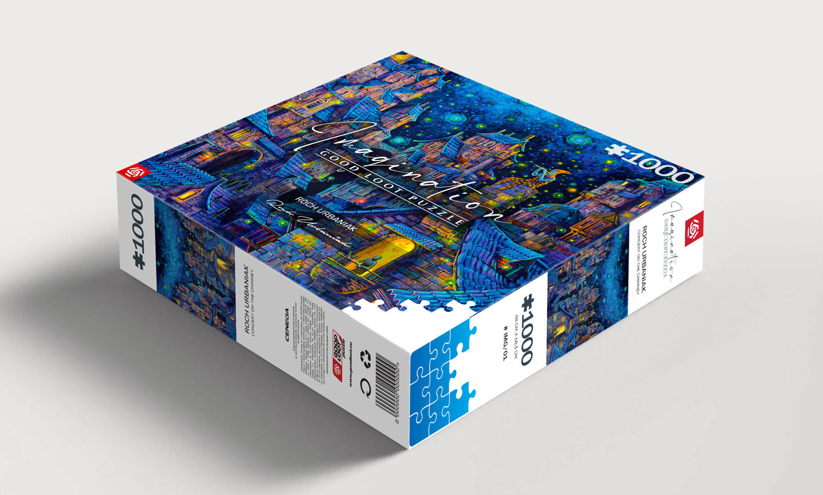 Pudełko z puzzlami z nocną scenerią miejską. Pudełko jest białe z niebieskimi, żółtymi i czerwonymi grafikami.