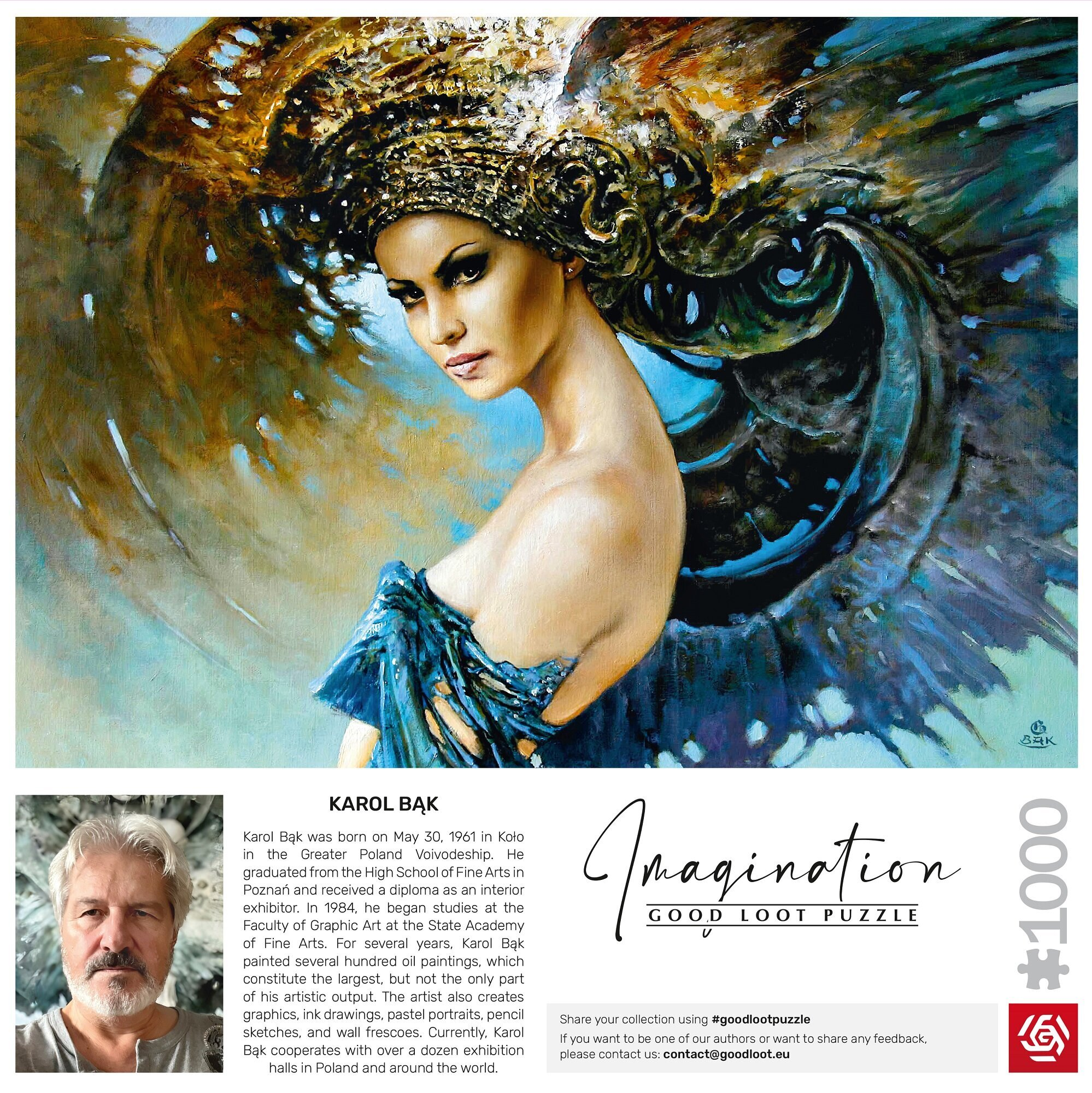 Obraz kobiety ze skrzydłami i kwiatowym nakryciem głowy, patrzącej w dół.