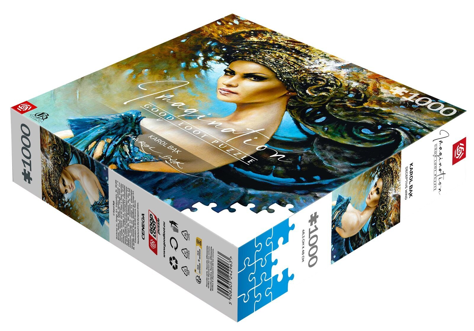 Pudełko puzzli z portretem kobiety, zatytułowane „Wyobraźnia”, i 1000 elementów.