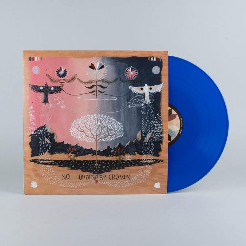 Vinylplatte mit Holzcover-Kunst, mit einer blauen Platte.