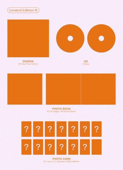Orange Albumkomponenten: Fotokarten, CDs und Fotobuch.