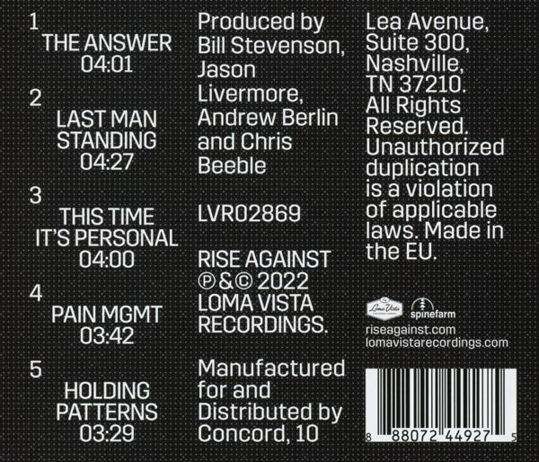 Album-Trackliste mit Bandnamen, Songtiteln und Timings. Schwarzer Hintergrund.