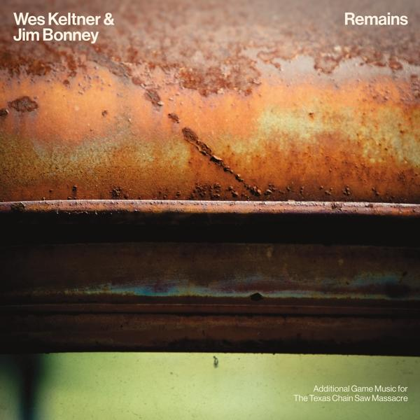 Albumcover mit rostiger Metalltextur, dem Titel 'Remains' und Künstlernamen, auf grünem Hintergrund.