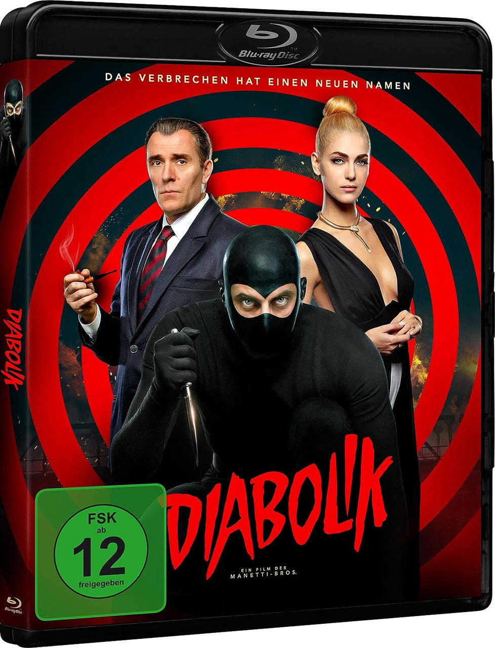 Filmtitelbild für 'Diabolik', mit drei Personen in einem rot-schwarzen Thema.