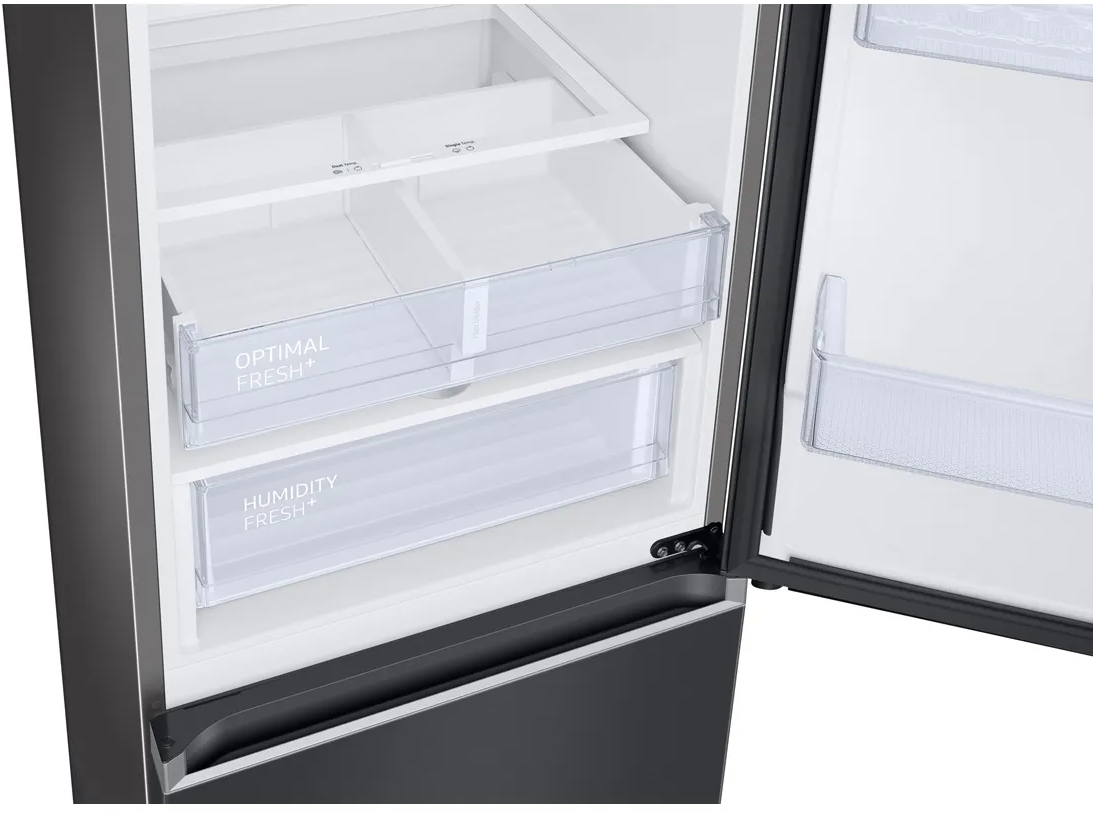 Offener Kühlschrank mit zwei Schubladen, beschriftet 'Optimal Fresh+' und 'Humidity Fresh+'.