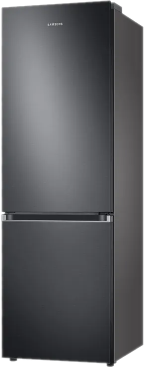 Schwarzer Kühlschrank mit zwei Türen. Das Samsung-Logo befindet sich oben.
