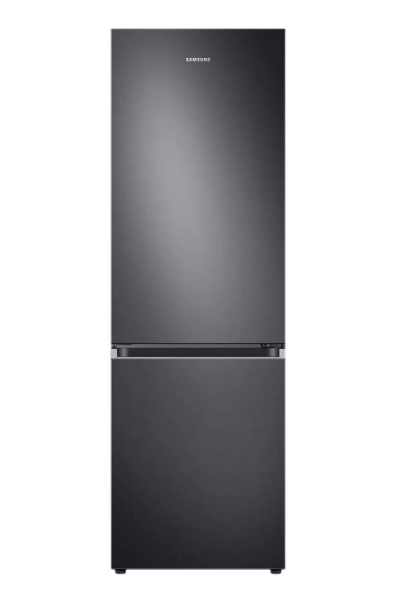 Ein schwarzer Samsung Kühlschrank. Er hat ein unteres Gefrierfach und eine hohe, glatte Tür.