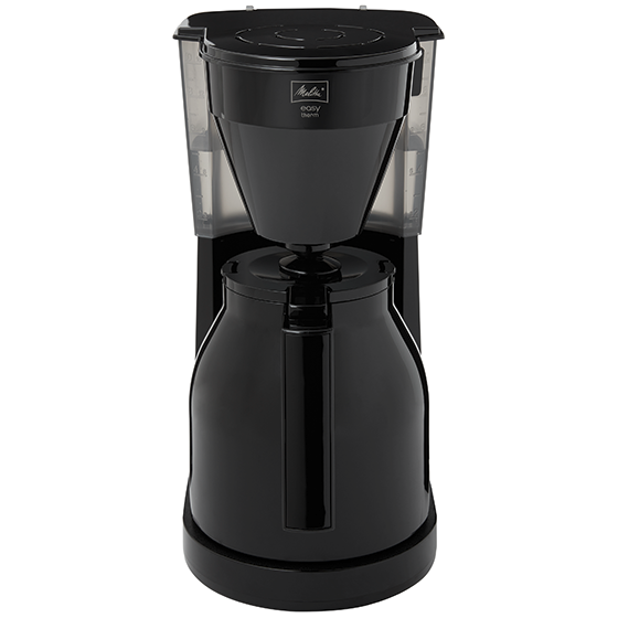 Una caffettiera Melitta nera con un serbatoio dell'acqua trasparente e una caraffa nera.