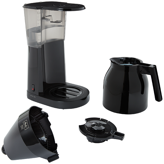 Caffettiera Melitta nera smontata. Componenti includono caraffa e filtro.