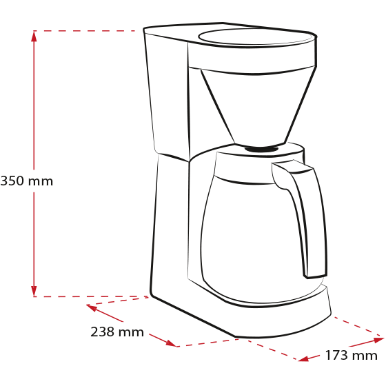 Una caffettiera bianca e nera con dimensioni segnate in rosso, con sfondo bianco.