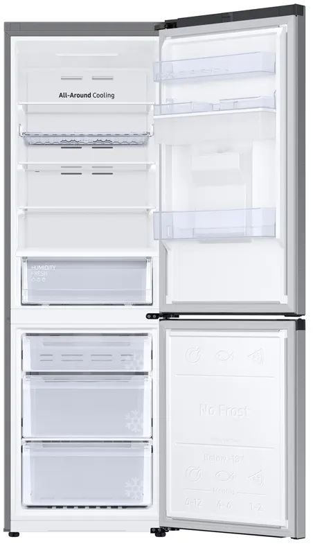 Réfrigérateur ouvert avec étagères, tiroirs et produits à l'intérieur. Intérieur blanc.