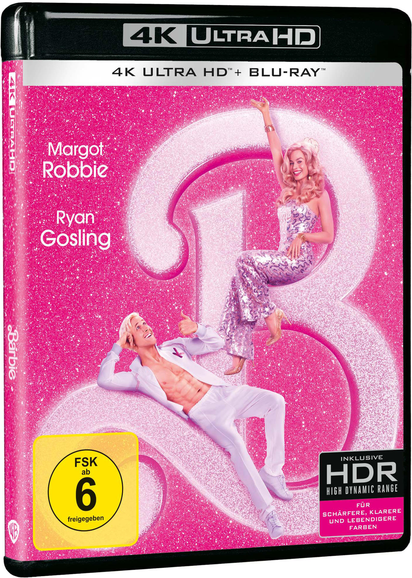 Ein Blu-ray-Cover mit Margot Robbie und Ryan Gosling in einem rosa, funkelnden Setting für den Film 'Barbie'.